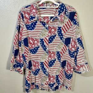 CJ Banks‎  Shirt Blouse Americana  Patchwork  Ruffles 3/4 Sleeve Women's Plus 2X
